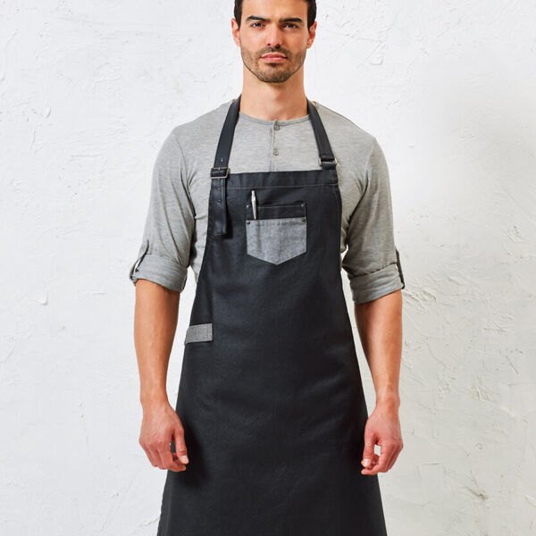 Division waxed-look denim bib apron with faux leather Thumbnail